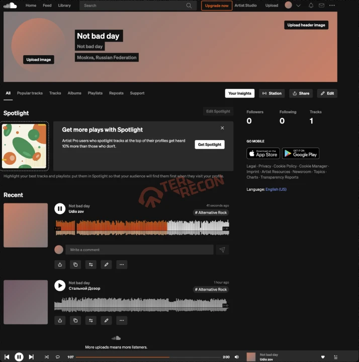 Screenshot of the SoundCloud account where Terrecon uploaded songs containing propaganda